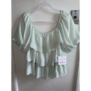 ✨ NWT Meet Me In Santorini Green Gingham Ruffle Puff Sleeve Top XS